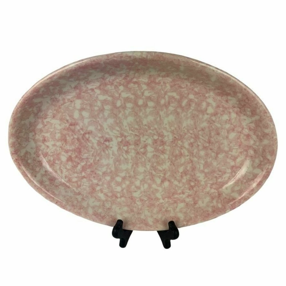 Roma Inc. Spongeware Ceramic Serving Platter Pink White Oval Made in Italy